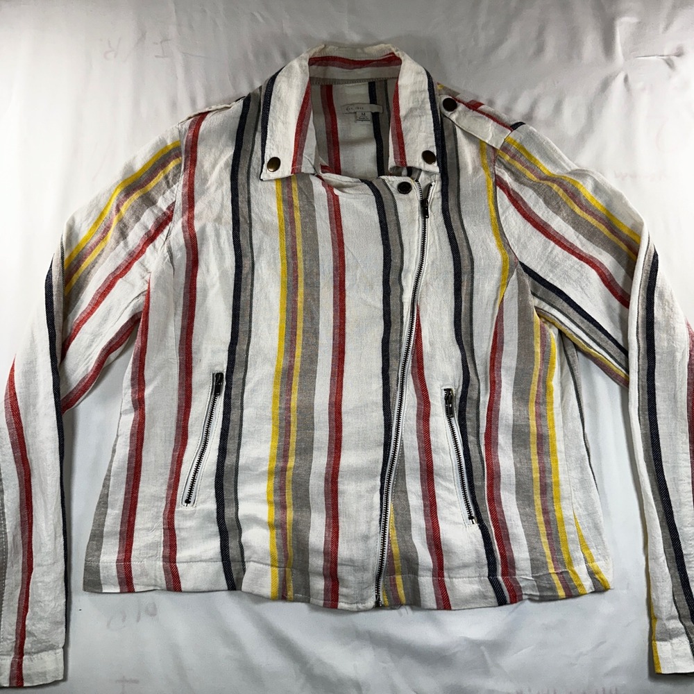 Est 1946 Linen Blend Striped Moto Jacket Womens Medium Multicolor Asymmetric Zip